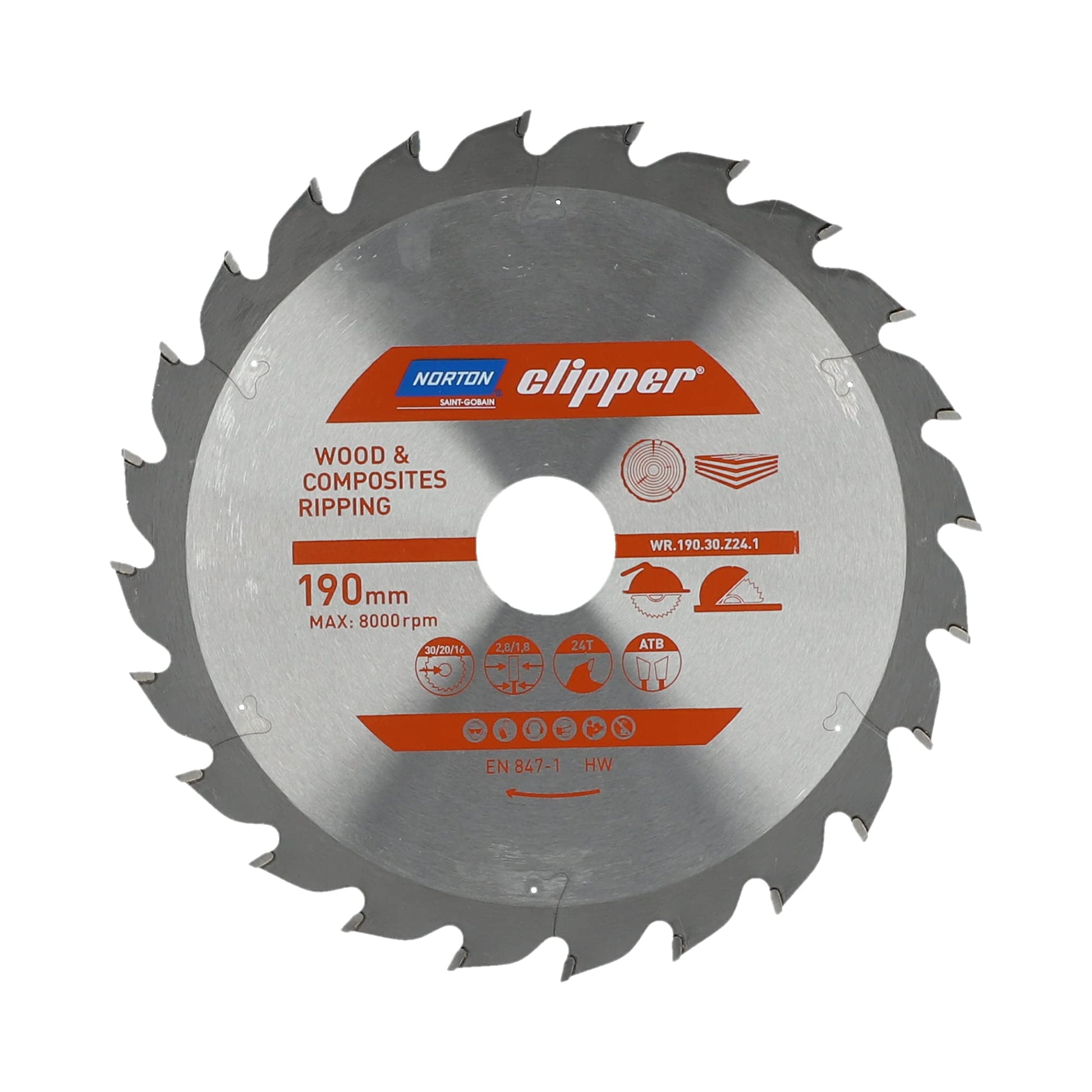 Norton 70184608052 - Disco de sierra circular para madera y materiales compuestos, dentado ATB, Z24, 190 x 30 mm, espesor 2,8/1,8 mm