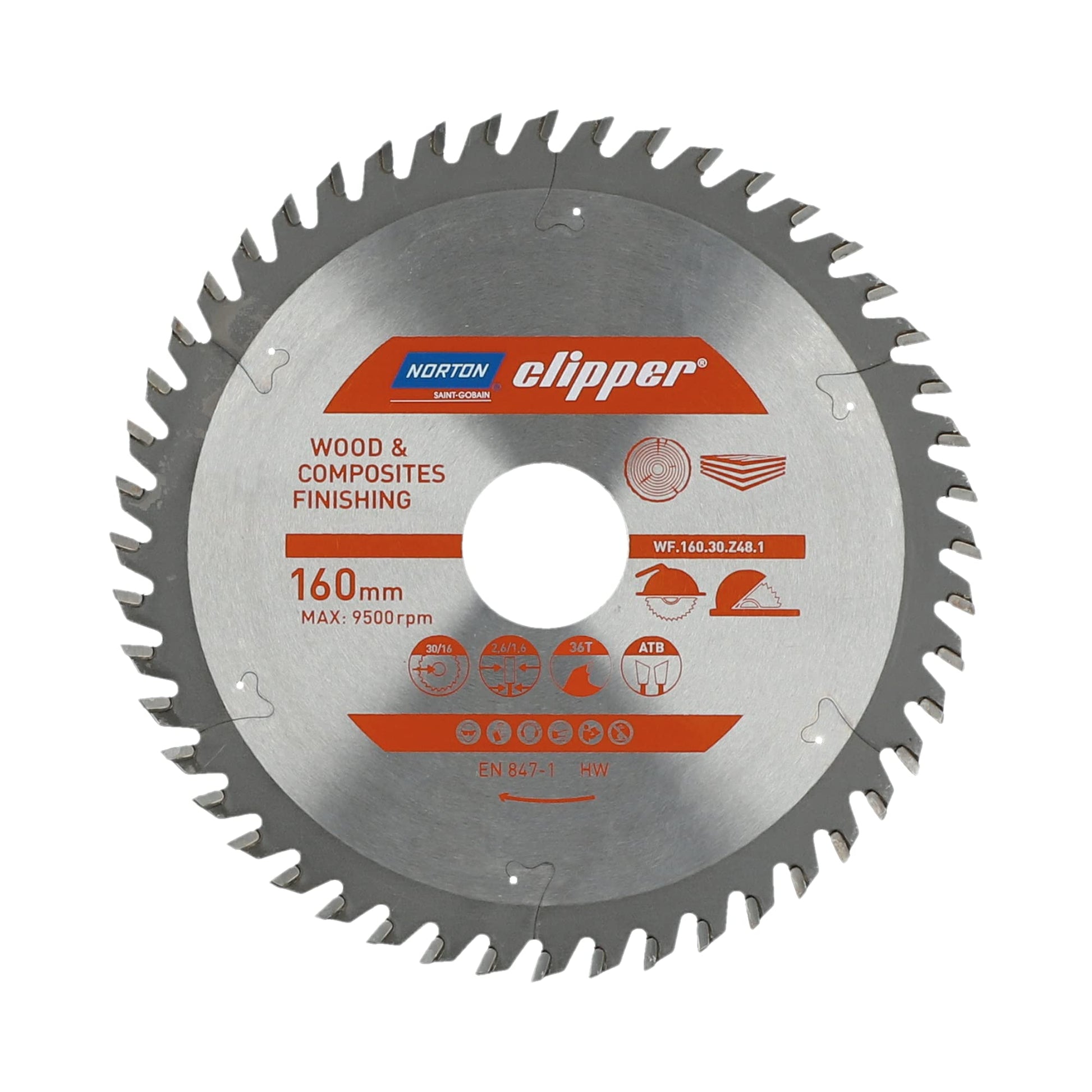 Norton 70184608085 - Disco de sierra circular para madera y materiales compuestos, dentado ATB, Z48, 160 x 30 mm, espesor 2,6/1,6 mm