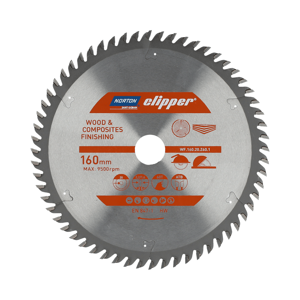 Norton 70184608089 - Disco de sierra circular para madera y materiales compuestos, dentado ATB, Z60, 160 x 20 mm, espesor 2,2/1,6 mm