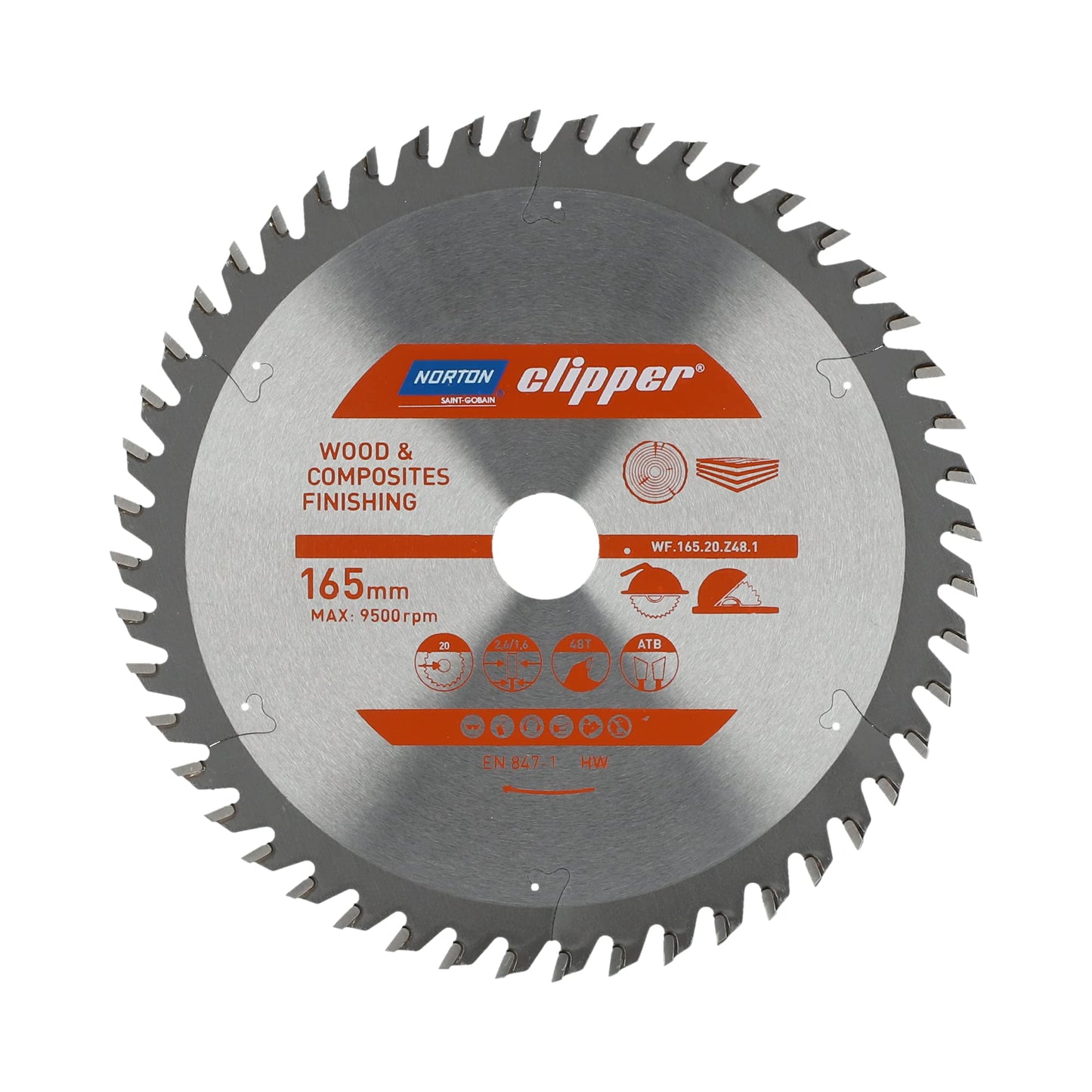 Norton 70184608090 - Disco de sierra circular para madera y compuestos, ATB, 165 x 20 mm, Z48, espesor 2,6/1,6 mm