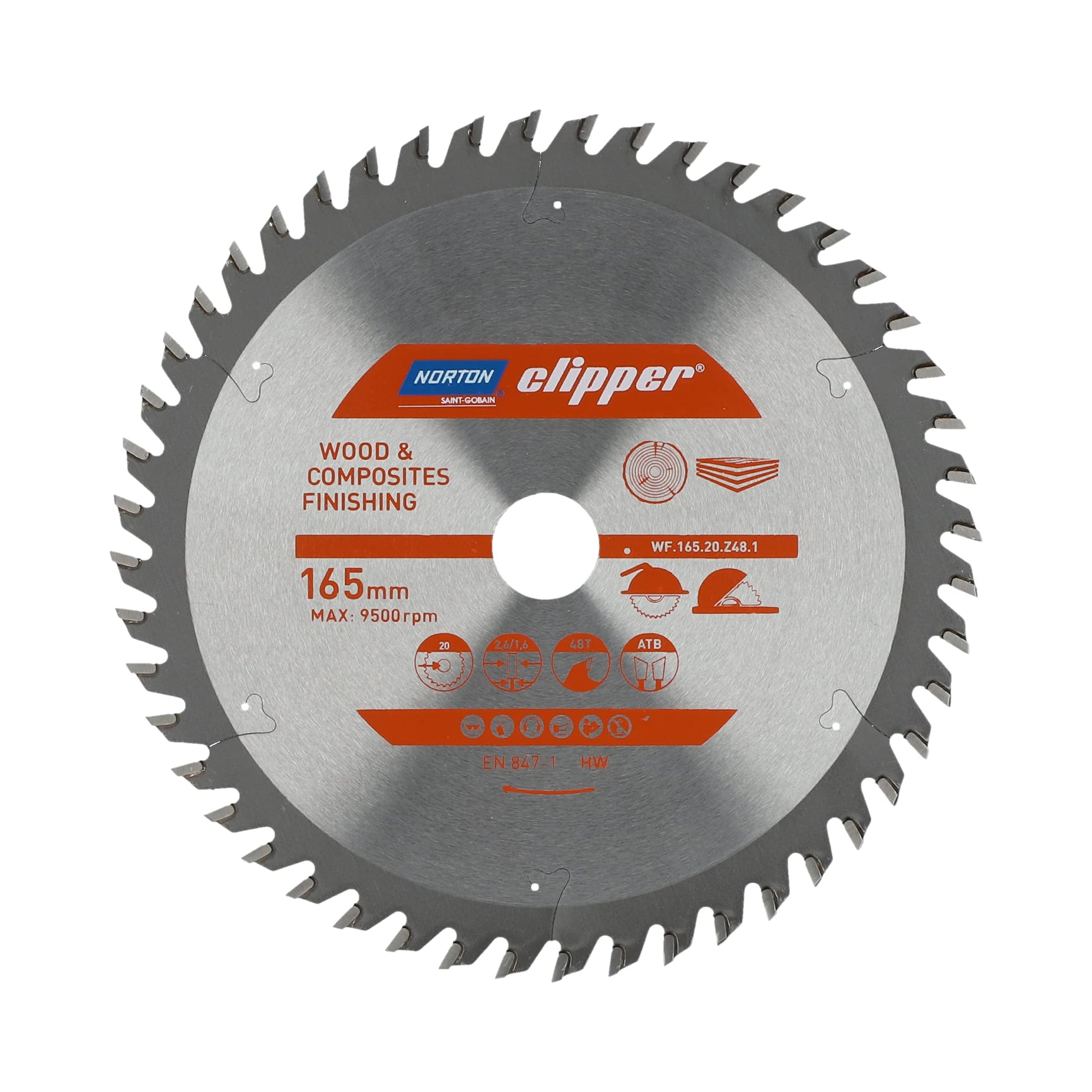 Norton 70184608090 - Disco de sierra circular para madera y compuestos, ATB, 165 x 20 mm, Z48, espesor 2,6/1,6 mm