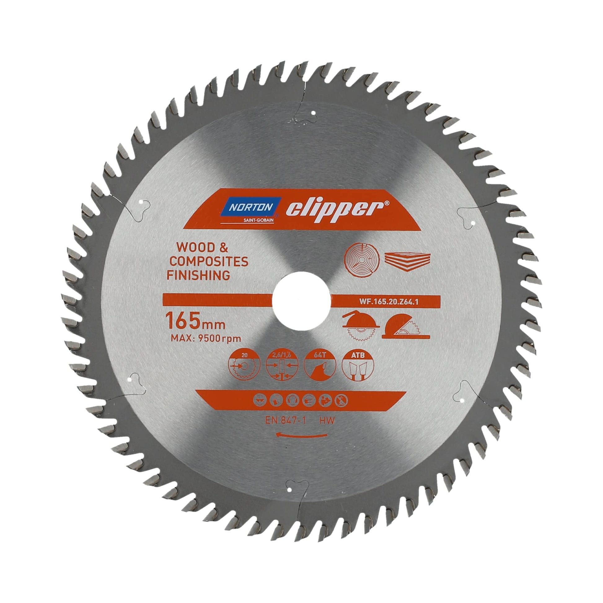 Norton 70184608091 - Disco de sierra circular para madera y compuestos, ATB, 165 x 20 mm, Z64, espesor 2,6/1,6 mm