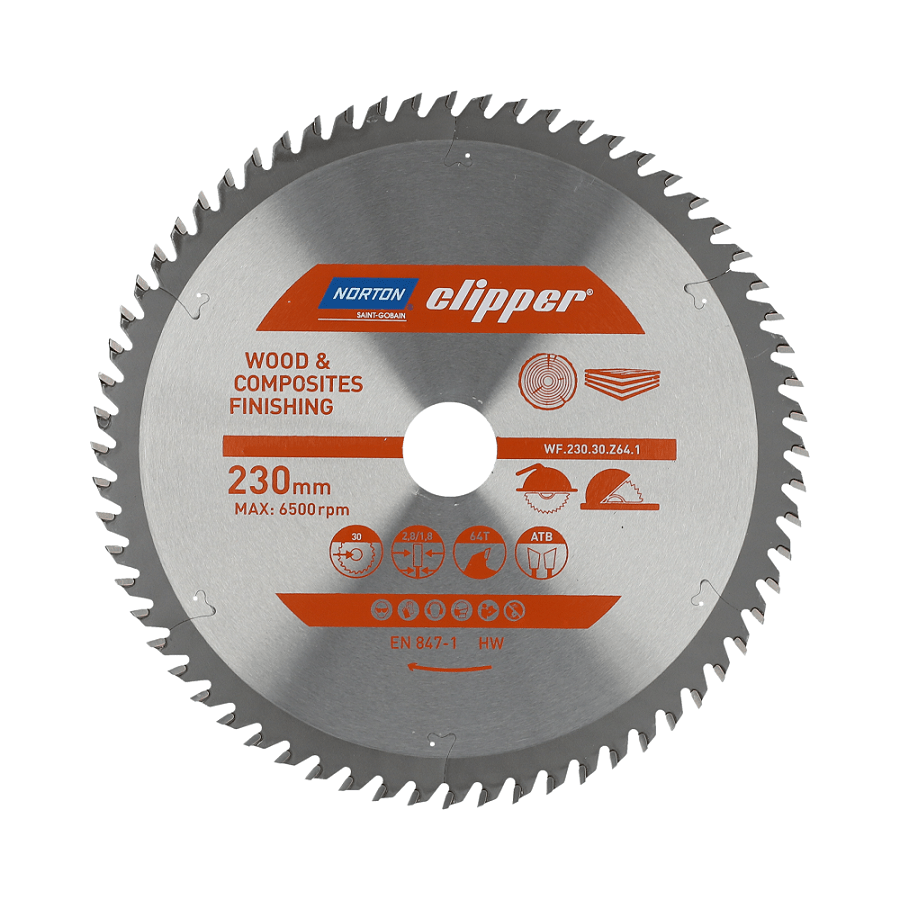 Norton 70184608104 - Disco de sierra circular para madera y materiales compuestos, 230 x 30 mm, Z64, ATB, 2,8/1,8 mm