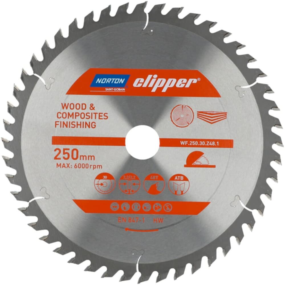Norton 70184608109 - Disco de sierra circular para madera y materiales compuestos, 250 x 30 mm, Z48, ATB, 3,2/2,2 mm
