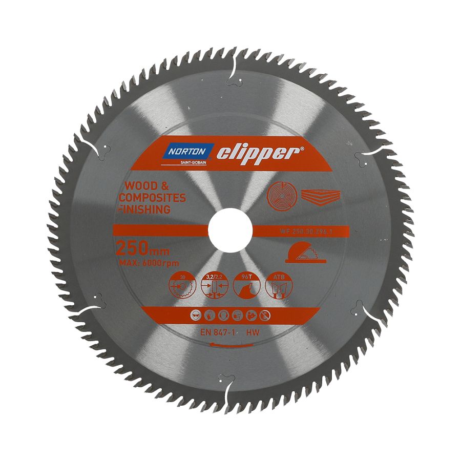 Norton 70184608111 - Disco de sierra circular para madera y materiales compuestos, 250 x 30 mm, Z96, ATB, 3,2/2,2 mm, para sierra de mesa
