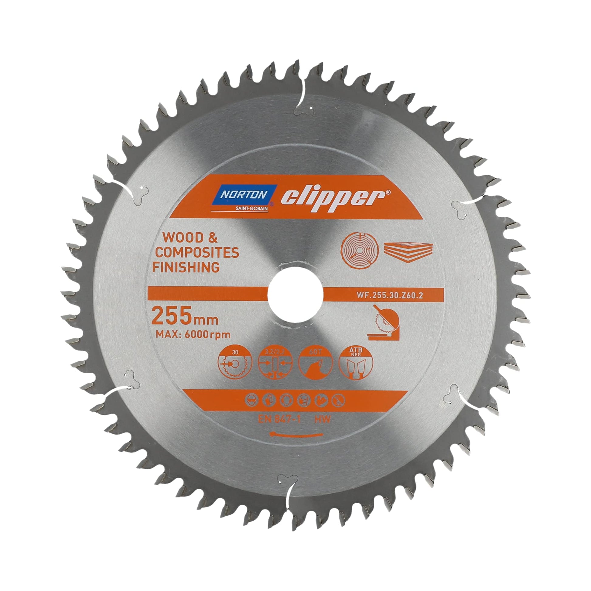 Norton 70184608114 - Disco de sierra circular para madera y materiales compuestos, 255 x 30 mm, Z60, ATB Neg, 3,2/2,2 mm, para ingletadora