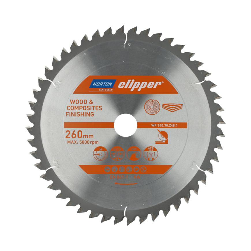 Norton 70184608115 - Disco de sierra circular para madera y materiales compuestos, 260 x 30 mm, Z48, ATB Neg, 2,6/1,8 mm, para ingletadora