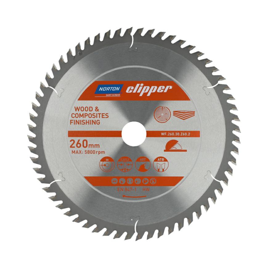 Norton 70184608118 - Disco de sierra circular para madera y materiales compuestos, 260 x 30 mm, Z60, ATB, 3,2/2,2 mm