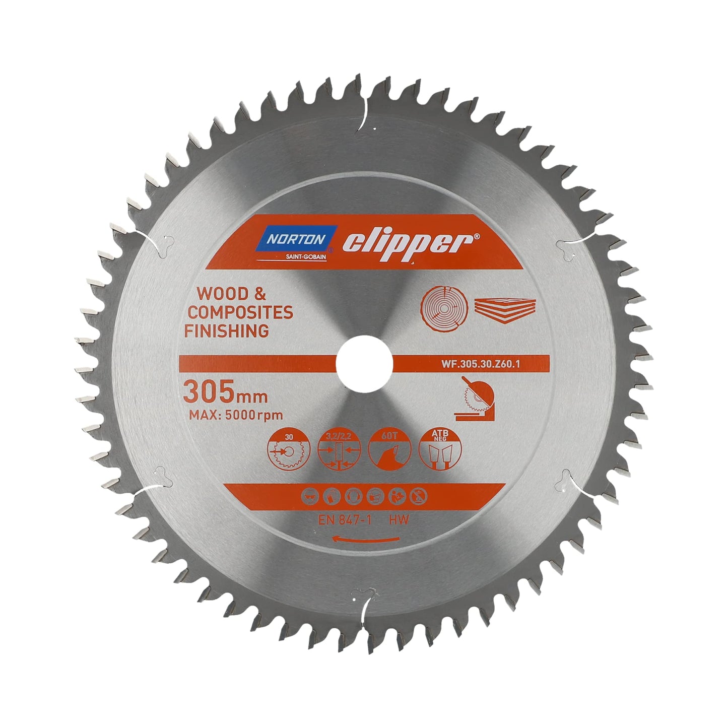 Norton 70184608124 - Disco de sierra circular para madera y materiales compuestos, 305 x 30 mm, Z60, ATB Neg, 3,2/2,2 mm, para ingletadora