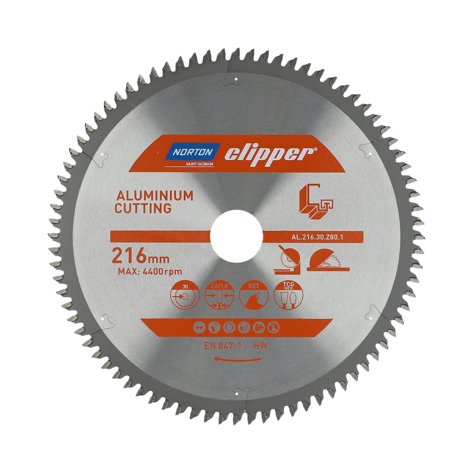 Norton 70184608136 - Disco de sierra circular para aluminio, TCG negativo, 216 x 30 mm, Z80, espesor 2,6/1,8 mm