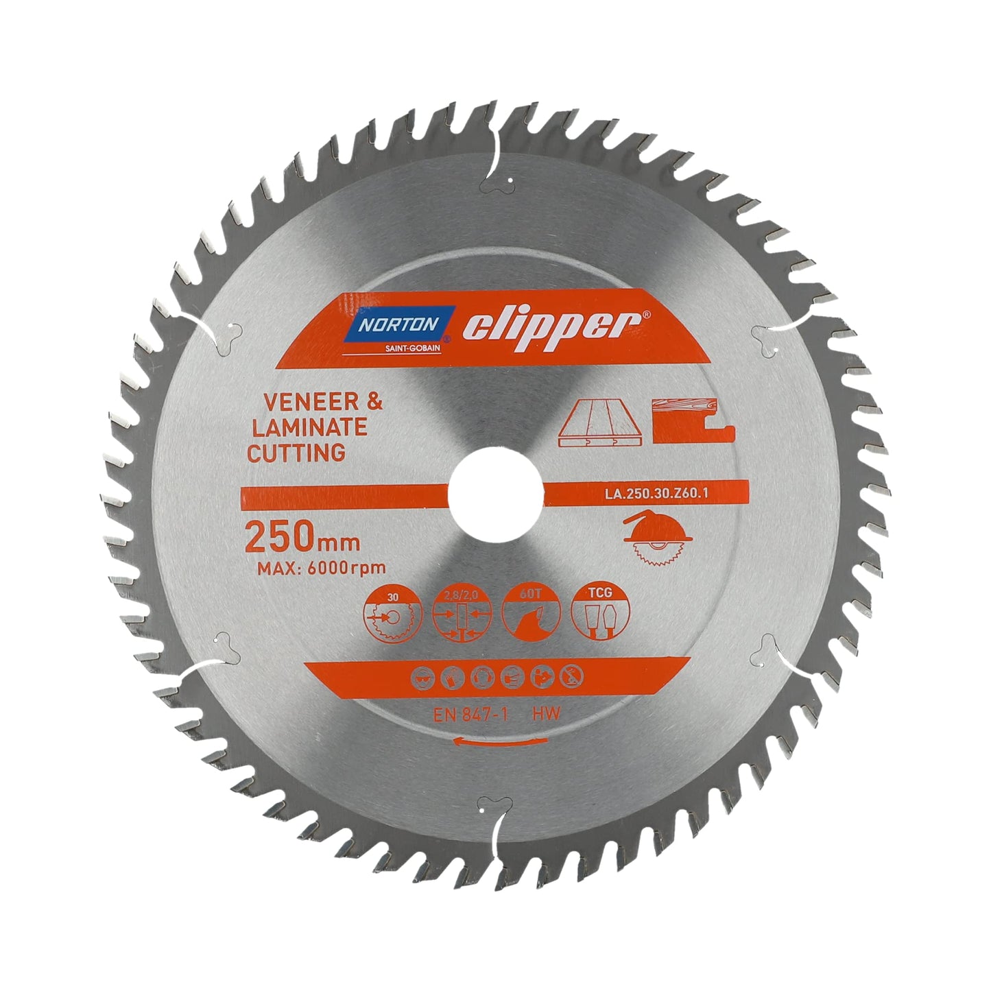 Norton 70184608145 - Disco de sierra circular para laminados y chapa, 250 x 30 mm, Z60, TCG, 2,8/2,0 mm