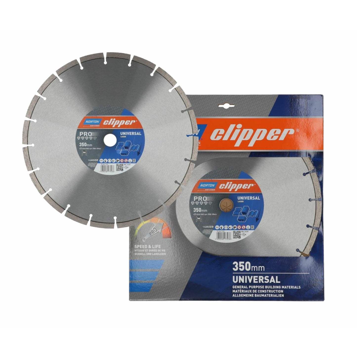 Norton 70184611209 - Disco de diamante Clipper Pro Universal Laser, 350 mm, corte en seco y en húmedo - Ferrotecnia