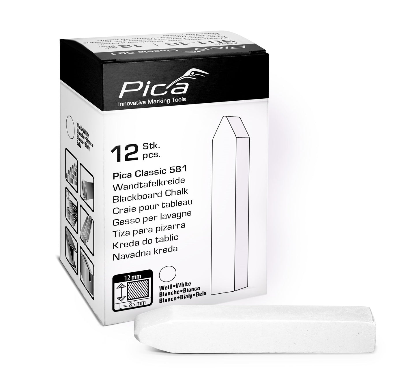 Pica 581 - 12 - Caja de 12 tizas blancas de 12x85 mm - Ferrotecnia