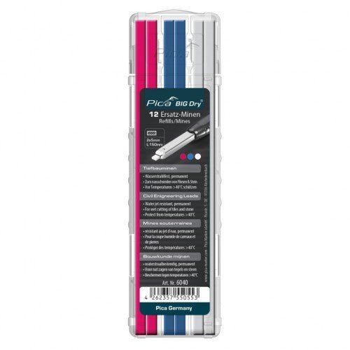 Pica 6040 - Estuche 12 minas marcado permanente rosa, azul, blanco para BIG Dry - Ferrotecnia