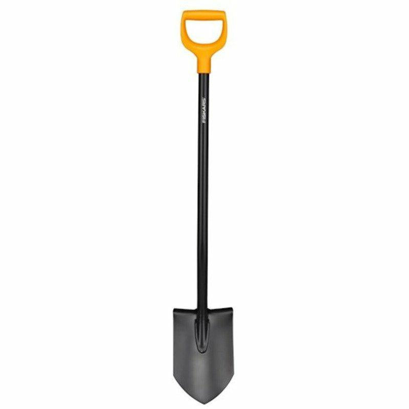 FISKARS Pala de Jardín Redonda para Suelos Blandos y Pedregosos, Longitud 116,6 cm, Hoja de Acero de y Mango de Plástico, Negro/Naranja, Solid, 1066716