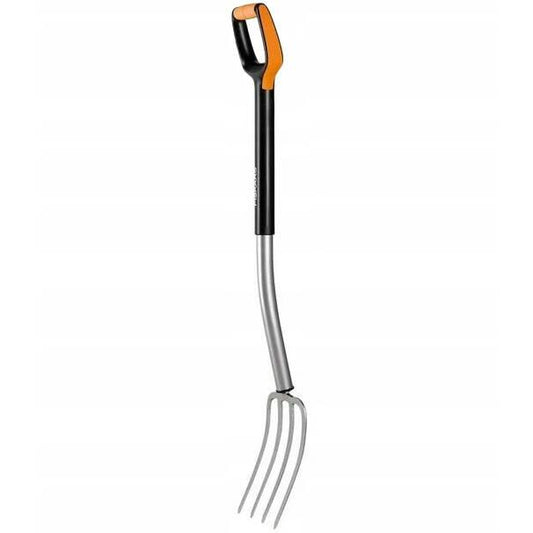 Fiskars Horca de jardín para suelos duros y pedregosos, Con 4 púas, Longitud: 120 cm, Púas de acero de calidad/Mango de plástico reforzado con fibra de vidrio, Negro/Naranja, Xact, 1070716