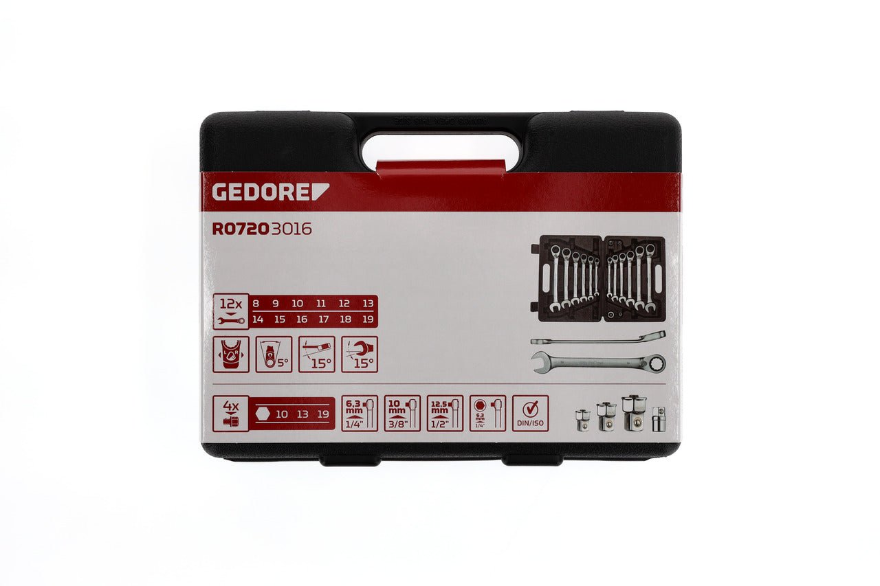 R07203016 - Juego de 12 llaves combinadas de carraca con 4 adaptadores para puntas y vasos - Ferrotecnia