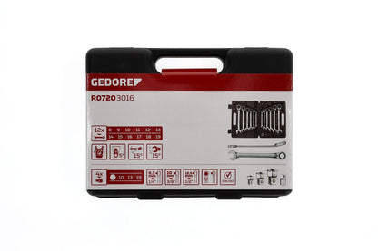 R07203016 - Juego de 12 llaves combinadas de carraca con 4 adaptadores para puntas y vasos - Ferrotecnia