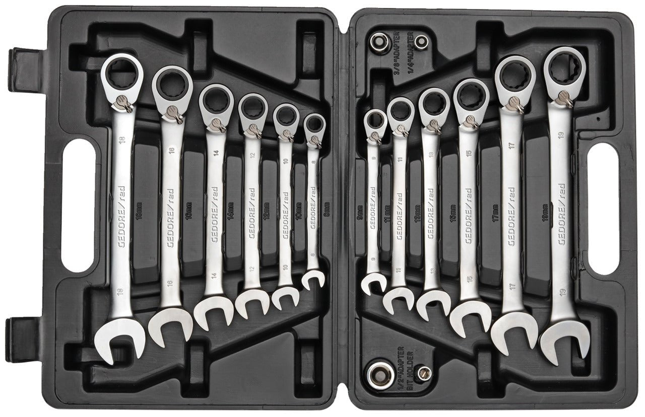 R07203016 - Juego de 12 llaves combinadas de carraca con 4 adaptadores para puntas y vasos - Ferrotecnia