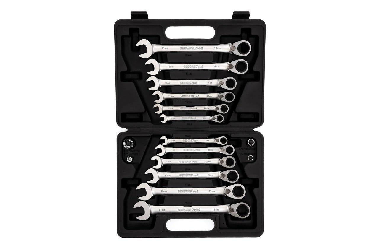 R07203016 - Juego de 12 llaves combinadas de carraca con 4 adaptadores para puntas y vasos - Ferrotecnia
