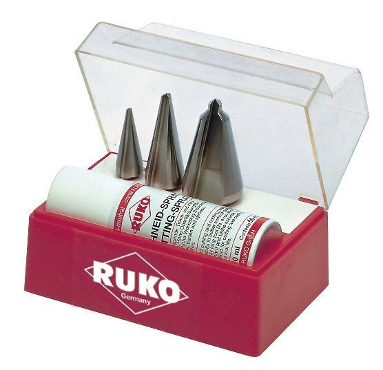 Ruko 101009 - Juego 3 brocas cónicas HSS + Spray de corte 50 ml - Ferrotecnia