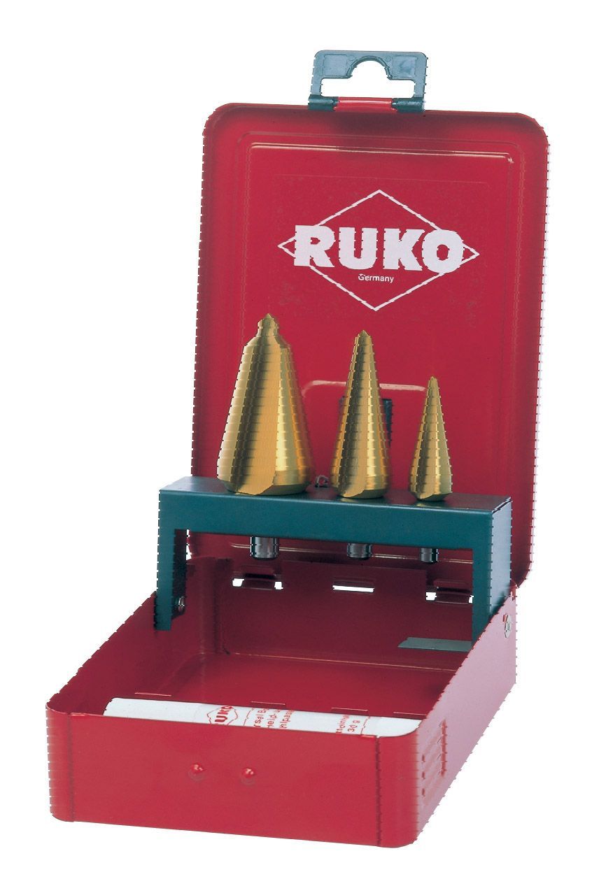 Ruko 101020T - Juego 3 brocas cónicas HSS - TiN + Pasta de corte 30 g - Ferrotecnia