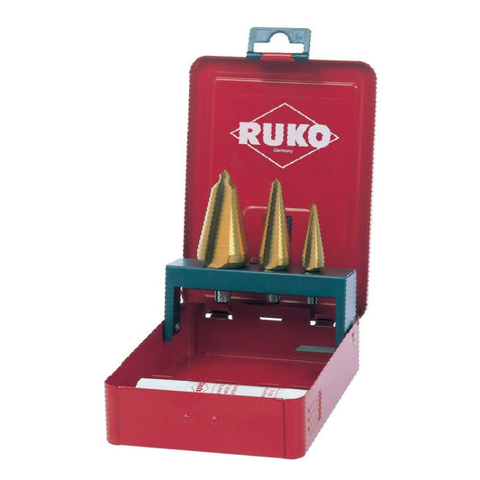 Ruko 101020T - Juego 3 brocas cónicas HSS-TiN + Pasta de corte 30 g