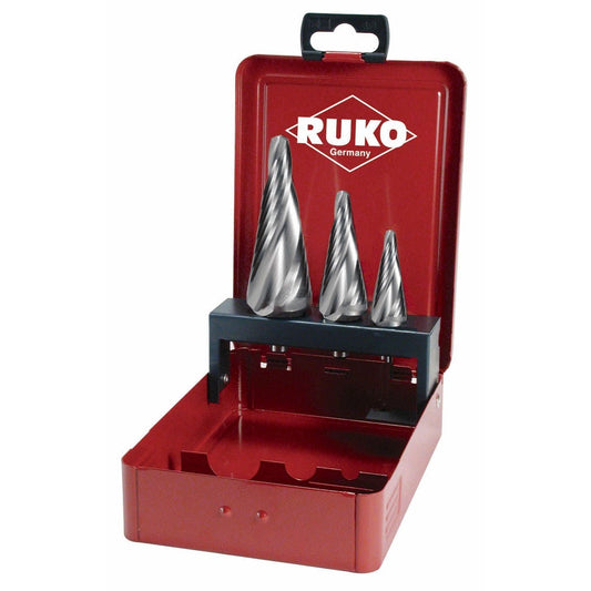 Ruko 101420 - Juego de 3 brocas cónicas para chapa HSS con canales en espiral (1,2 y 3)