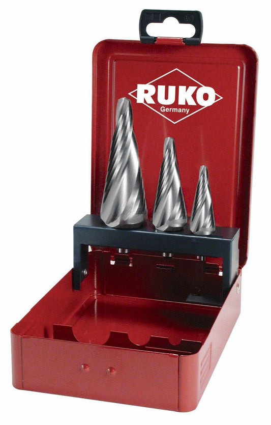 Ruko 101420 - Juego de 3 brocas cónicas para chapa HSS con canales en espiral (1,2 y 3) - Ferrotecnia