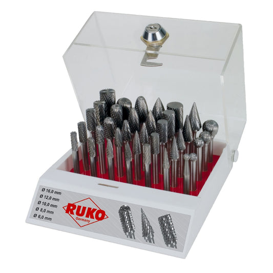 Ruko 116008 - Juego de 35 fresas de metal duro con vástago de 6 mm en vitrina de plástico