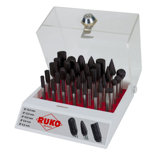 Ruko 116008TC - Surtido de 35 fresas de metal duro TiCN con vástago de 6 mm en vitrina de plástico