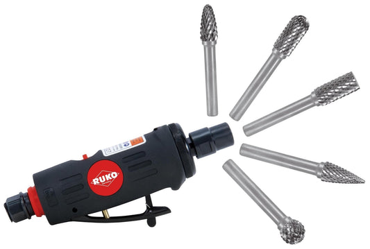 Ruko 116100 - Kit amoladora neumática y juego 10 fresas metal duro con vástago de 6 mm - Ferrotecnia