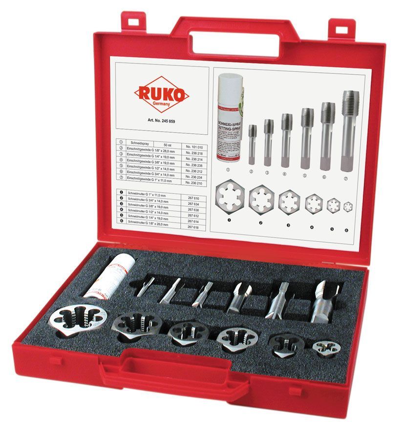 Ruko 245059 - Juego de machos HSS de reparación para roscas de tuberías cilíndricas saniatrias rectificados (13 piezas) - Ferrotecnia