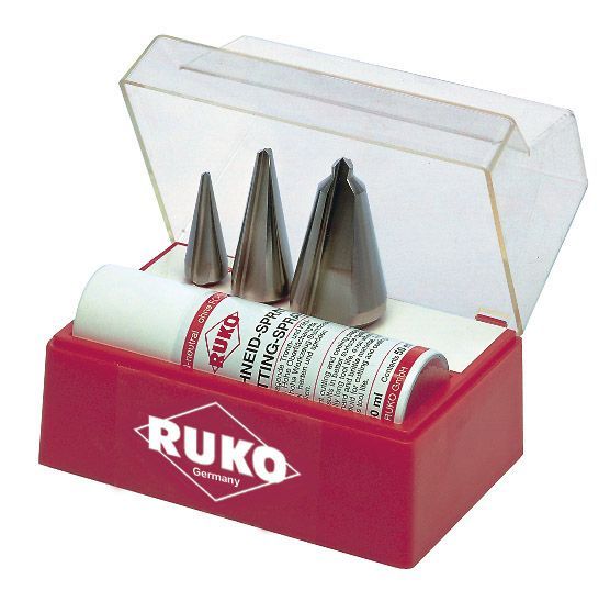 Ruko 101009 - Juego 3 brocas cónicas HSS + Spray de corte 50 ml