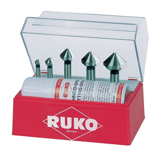 Ruko Juego de 5 avellanadores cónicos DIN 335 forma C con spray de corte de 50 ml