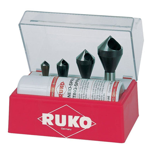 Ruko 102310E - Juego de 4 avellanadores-desbarbadores HSS-Co 5 + spray de corte 50 ml