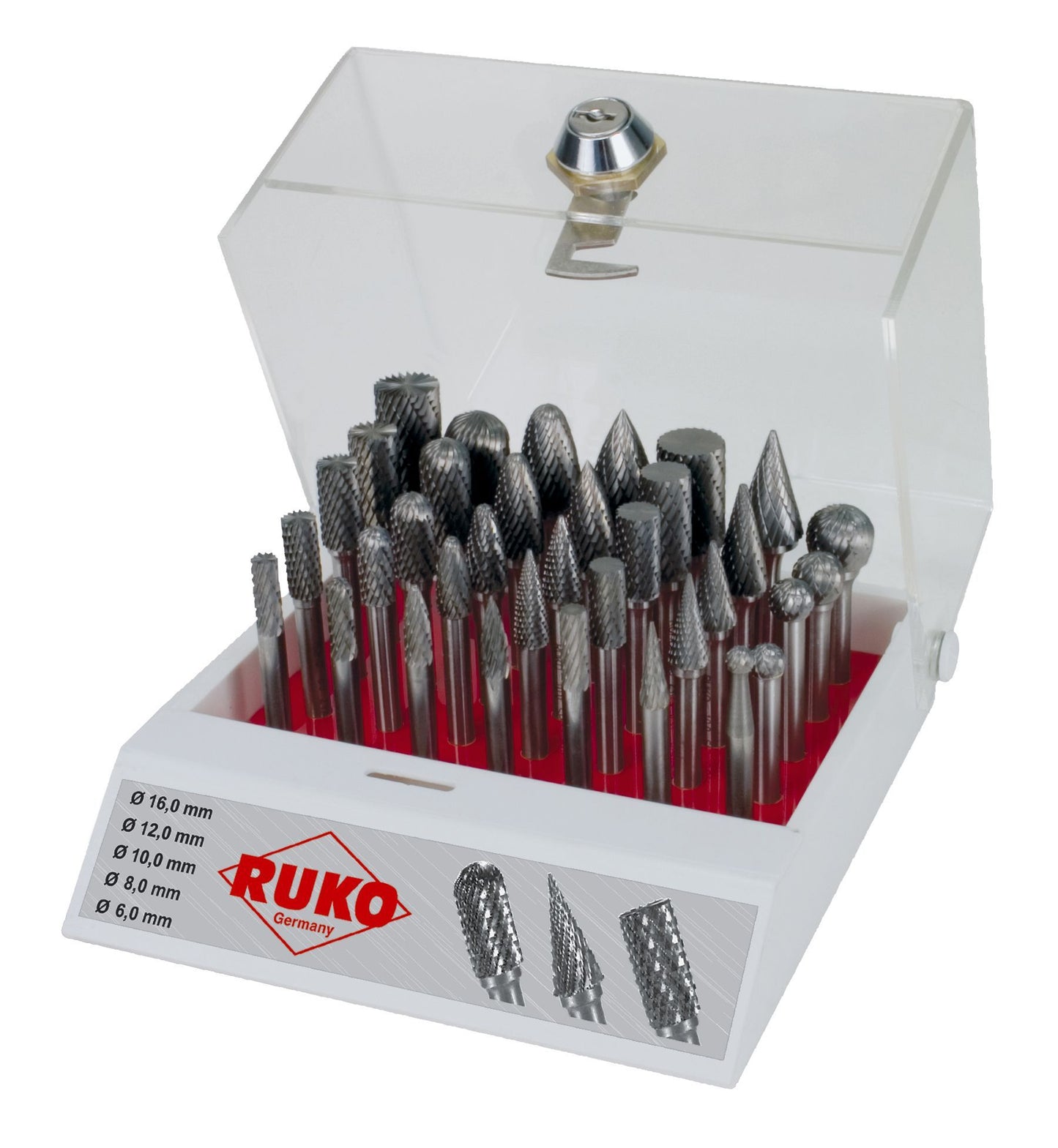 Ruko 116008 - Juego de 35 fresas de metal duro con vástago de 6 mm en vitrina de plástico