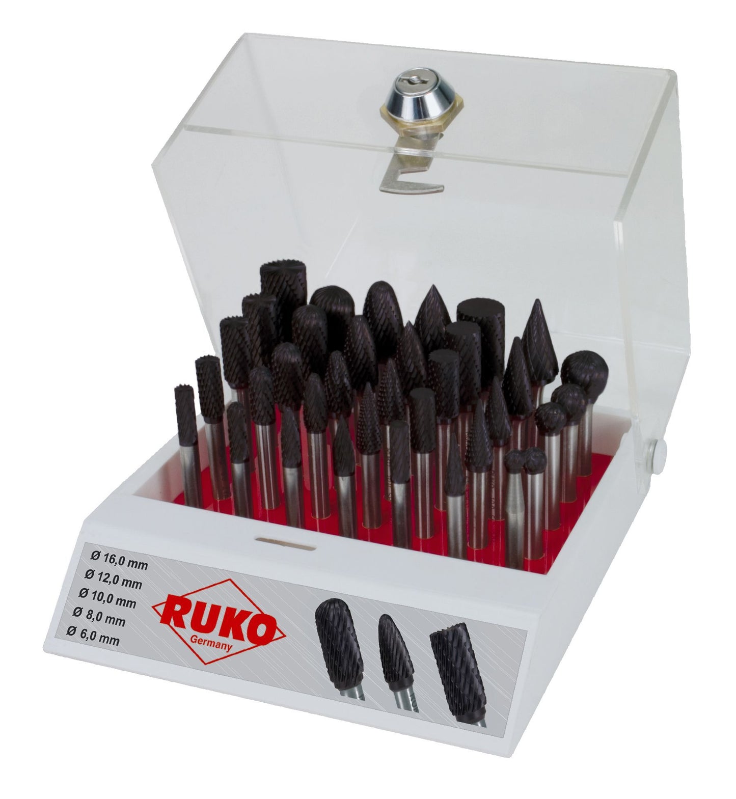 Ruko 116008TC - Surtido de 35 fresas de metal duro TiCN con vástago de 6 mm en vitrina de plástico