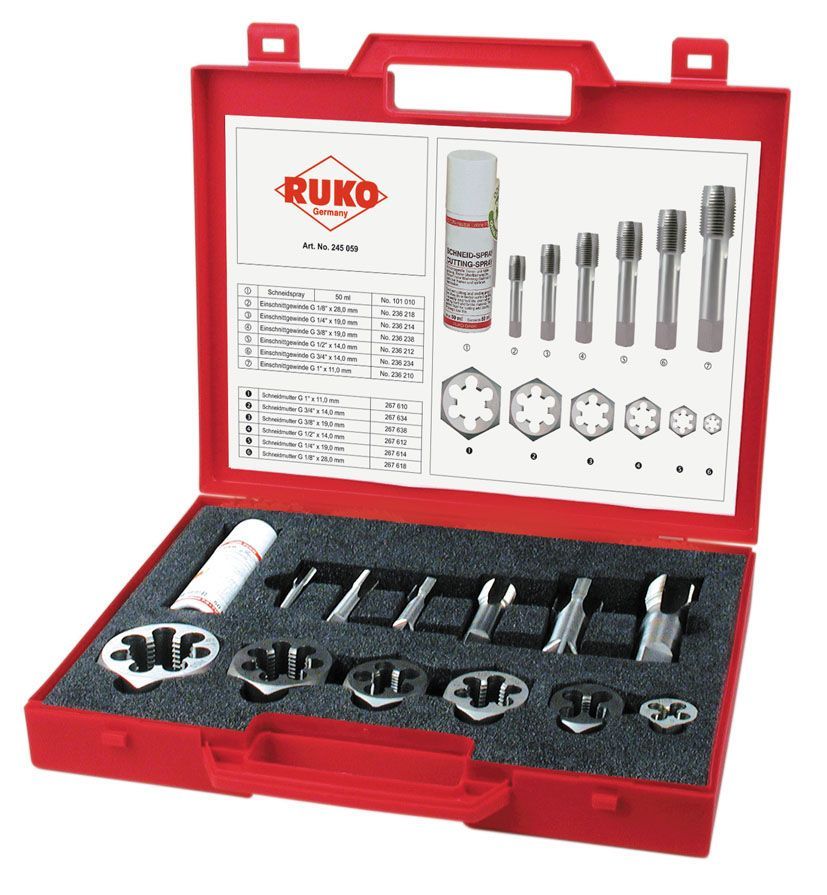 Ruko 245059 - Juego de machos HSS de reparación para roscas de tuberías cilíndricas saniatrias rectificados (13 piezas)