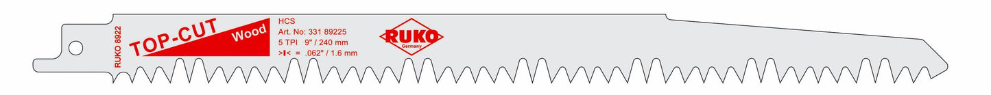 Ruko 33189225 - Pack de 5 sierras de sable HCS acero (Bosch S 1531 L) Largo 240 mm; Paso 4/6,5 mm