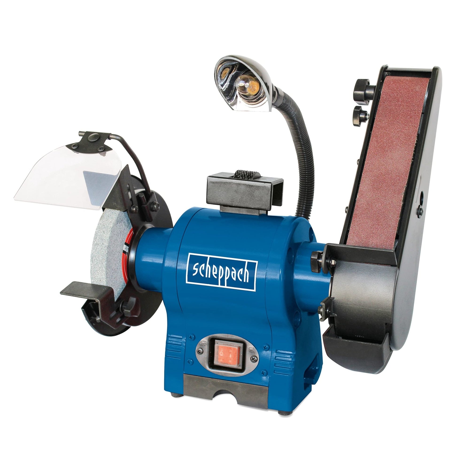 Scheppach 4903303901 - Esmeriladora de banco y banda BGS700, 250 W, Disco de 150 mm, banda de 50x686 mm
