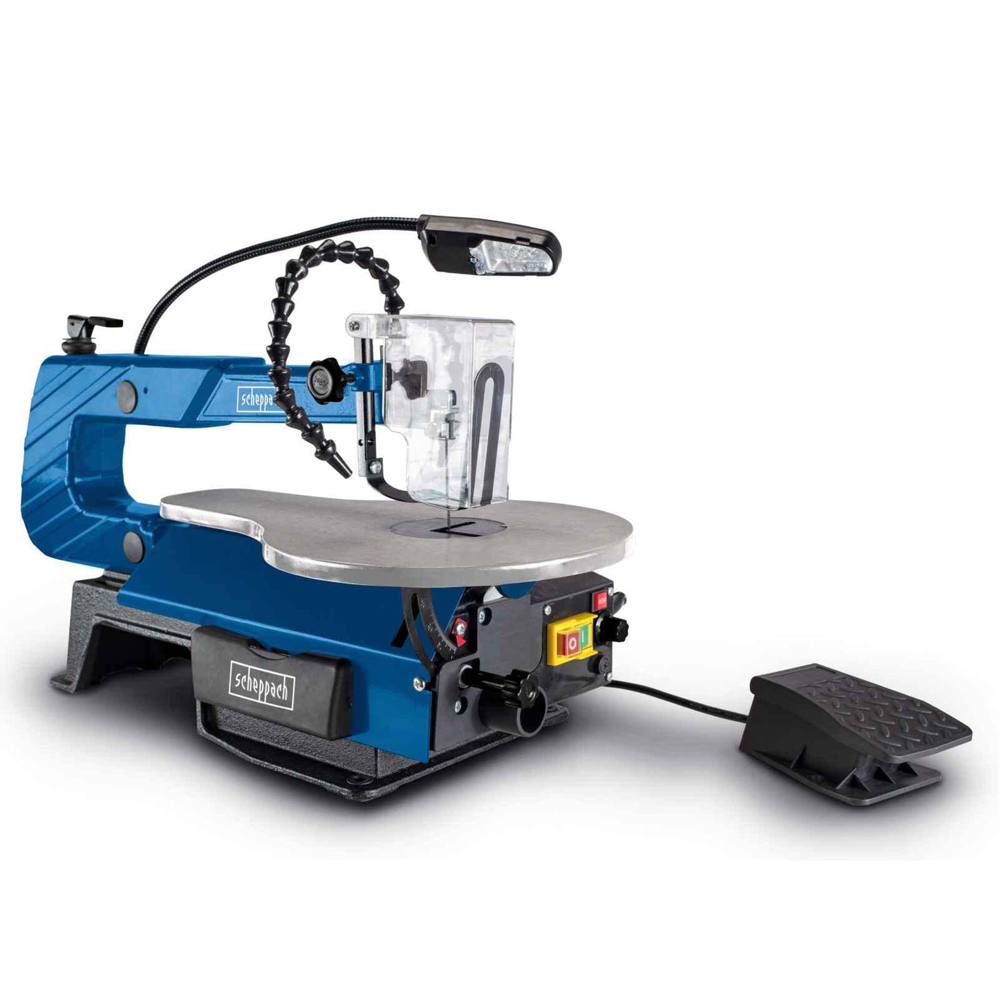 Scheppach 5901407901 - Sierra de marquetería DECO-XLS, 120 W, Pedal y lámpara LED, Altura de corte 50 mm