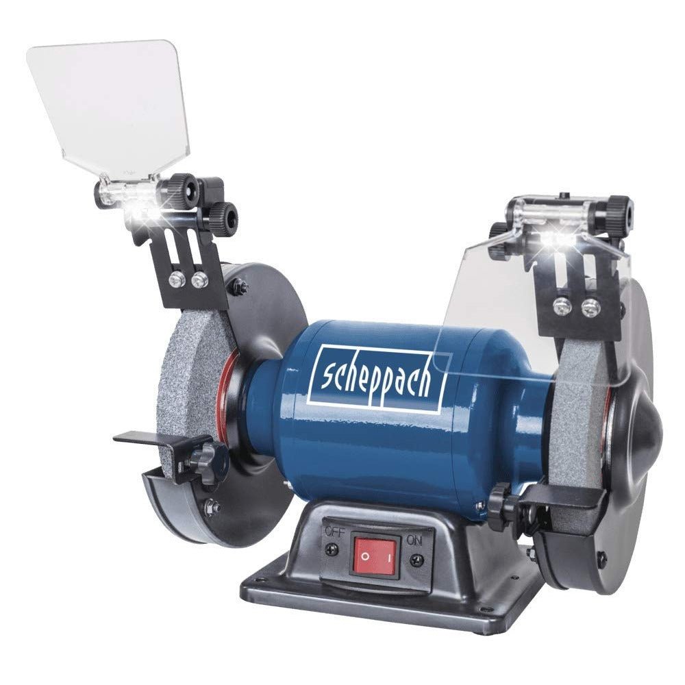 Scheppach 5903107901 - Esmeriladora de banco SM150L, 400 W, Muela y disco de 150 mm, Lámparas LED - Ferrotecnia