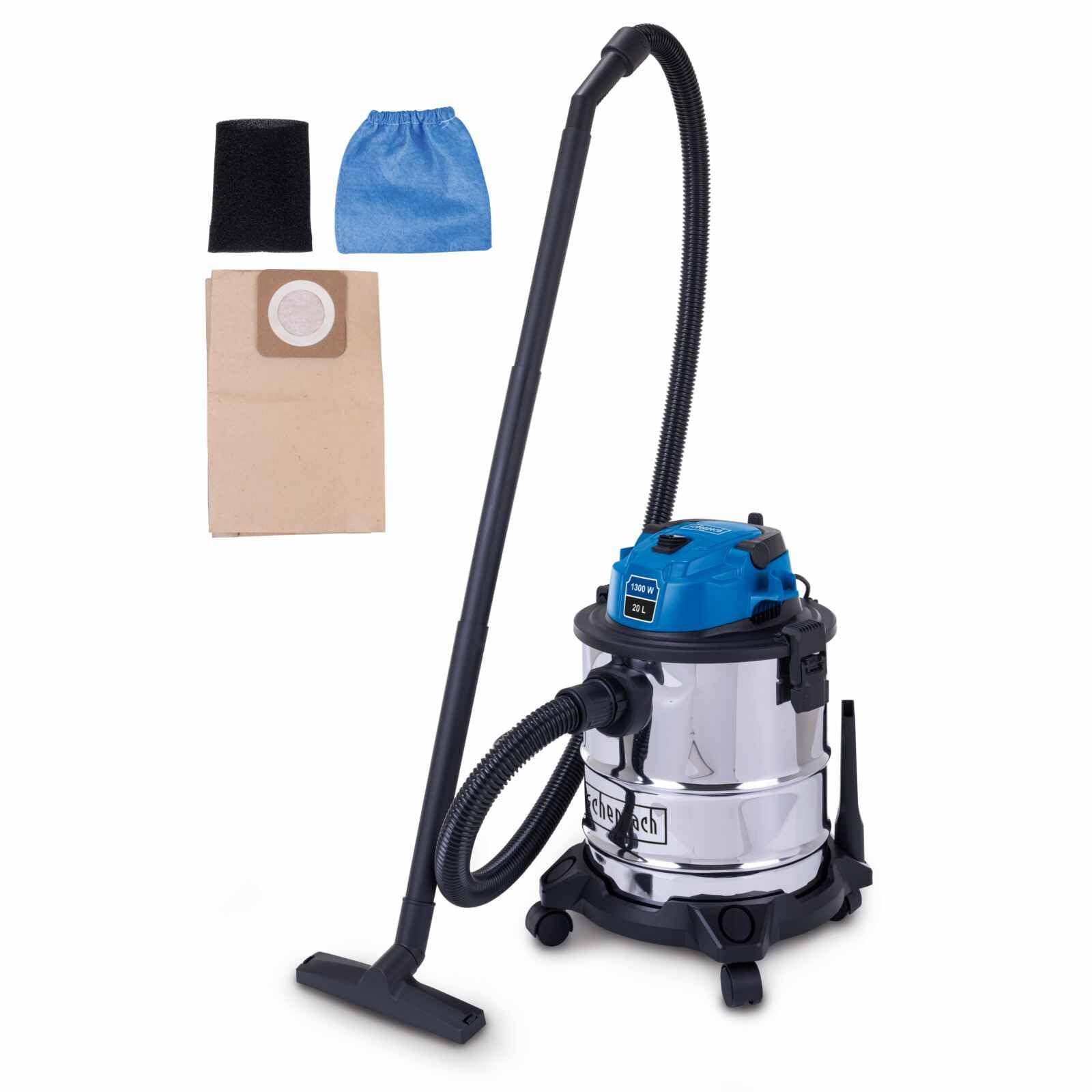 Scheppach 5907741901 - Aspirador de sólidos y líquidos VC20 3 en 1, 1300 W, Depósito inox de 20 L
