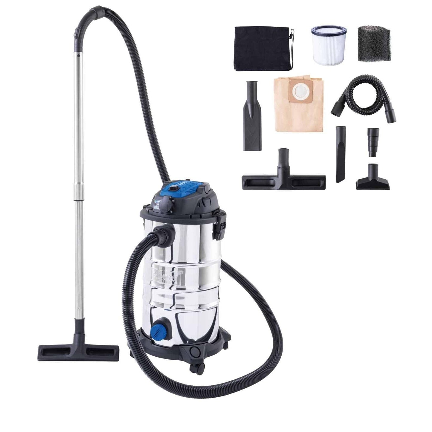 Scheppach 5907746901 - Aspirador de sólidos y líquidos VC30 Premium, 1500 W, Depósito inox de 30 L, Toma para herramientas - Ferrotecnia