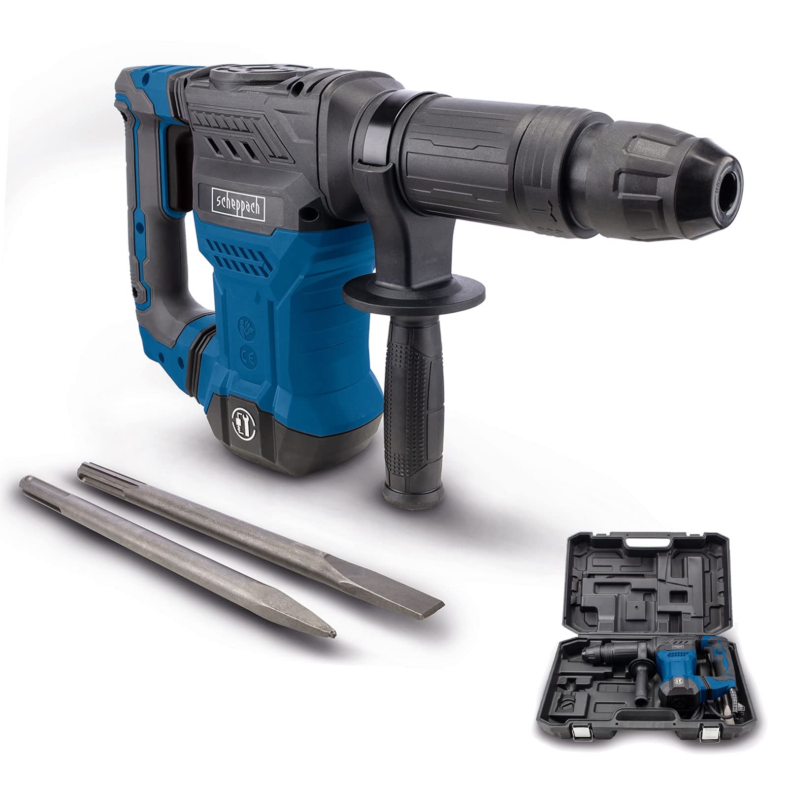 Scheppach 5908207901 - Martillo demoledor AB1500x, 1300 W, 20 J, SDS-Max, Con puntero, cincel plano y maletín