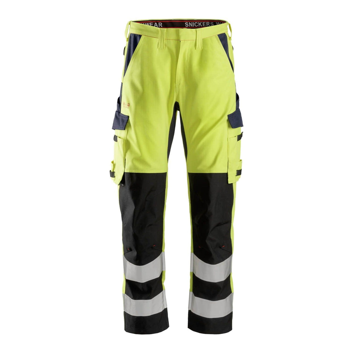 Snickers Workwear - 6364 Pantalones largos de trabajo de alta visibilidad clase 2 con espinilla reforzada ProtecWork amarillo-azul marino - Ferrotecnia