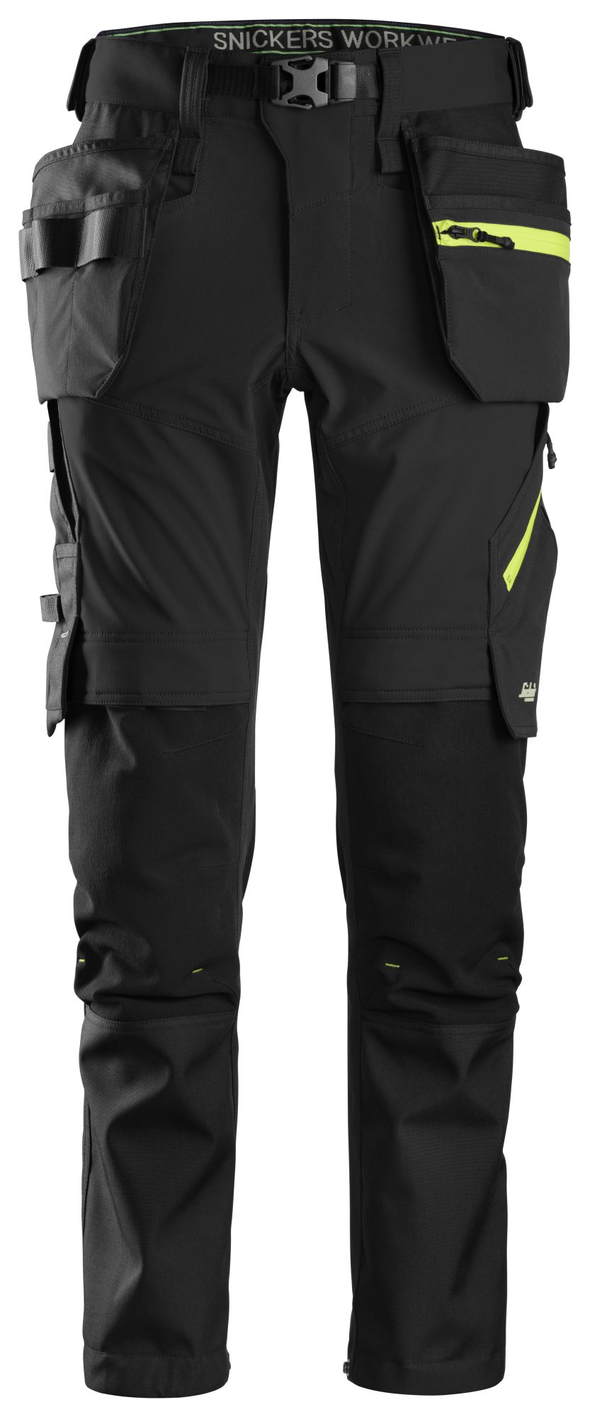 Snickers Workwear - 6940 Pantalones largos de trabajo elásticos FlexiWork Softshell Slim Fit bolsillos flotantes negro/ amarillo neón - Ferrotecnia