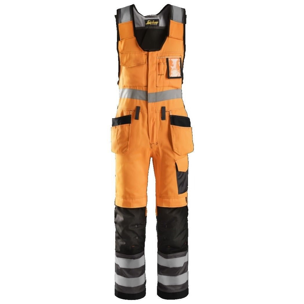 Snickers Workwear - 0213 Bib Overalls with Floating Pockets, High Visibility, Class 2, Orange/Anthracite Grey
