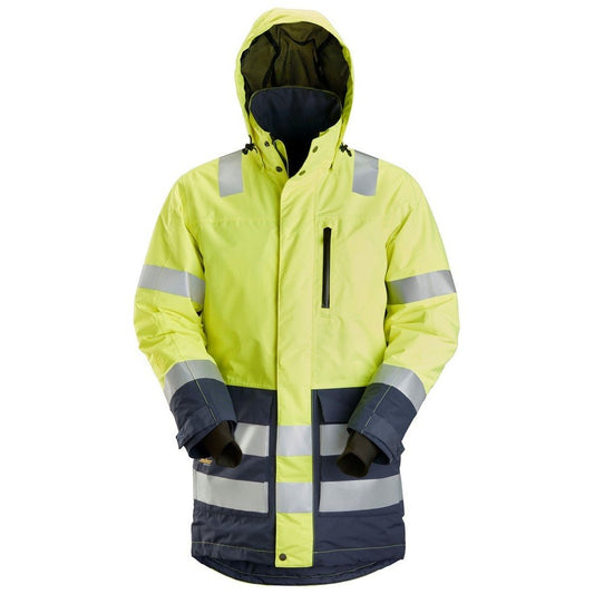 Snickers Workwear - 1830 Parka impermeable de alta visibilidad clase 3 AllroundWork amarillo/ azul marino